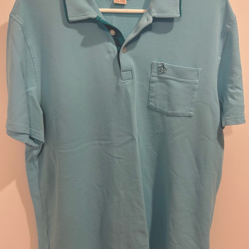 ORIGINAL PENGUIN Men's Light Blue Pocket Polo Shirt, EUC, Size XL, Slim Fit